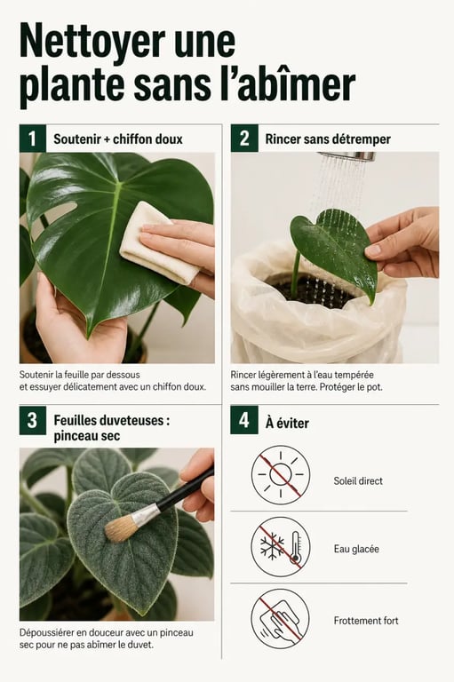 Nettoyage feuille plante verte en quatre gestes doux selon le type de feuillage