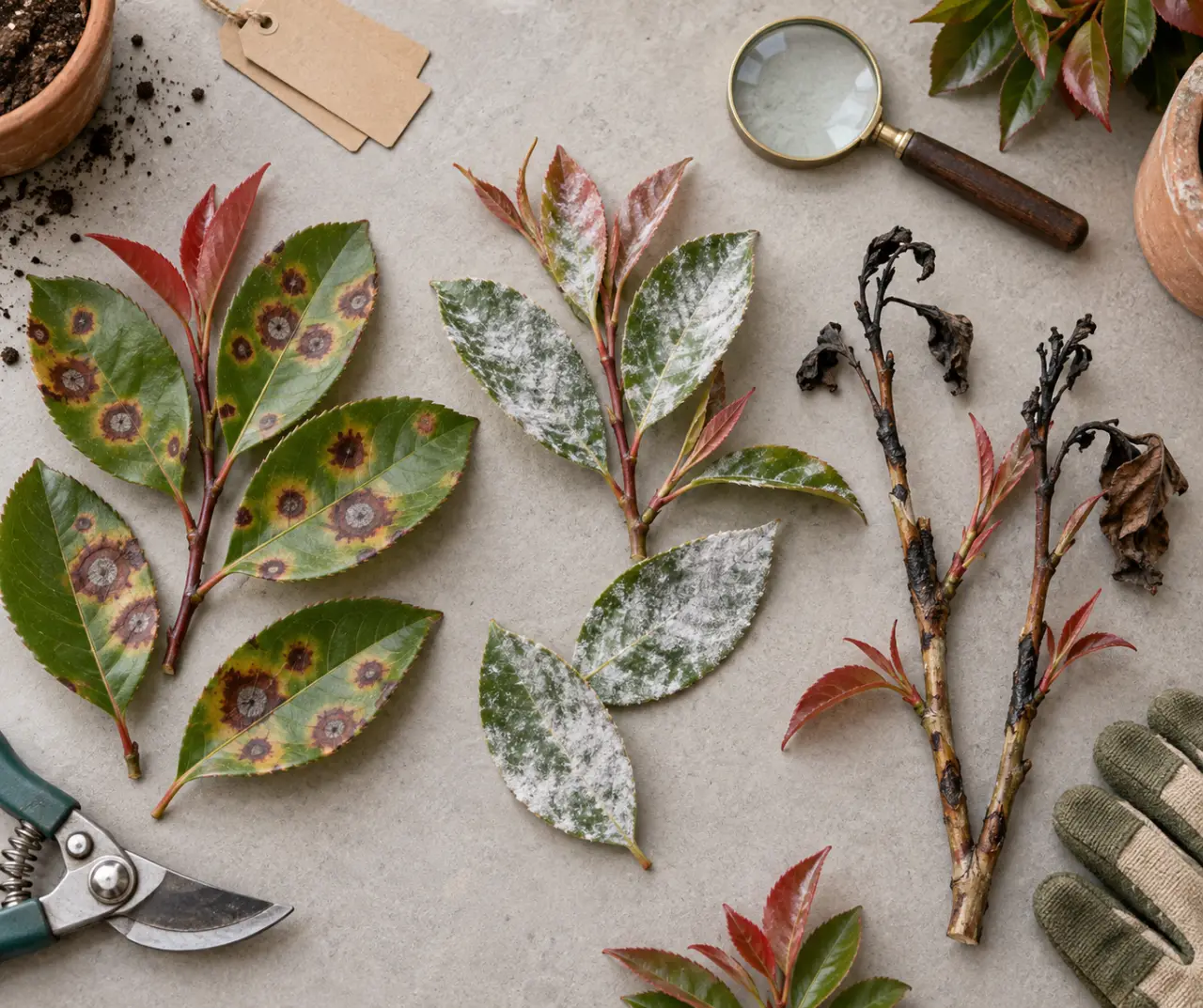 Maladies des photinias : reconnaître les taches, le blanc et les rameaux noircis