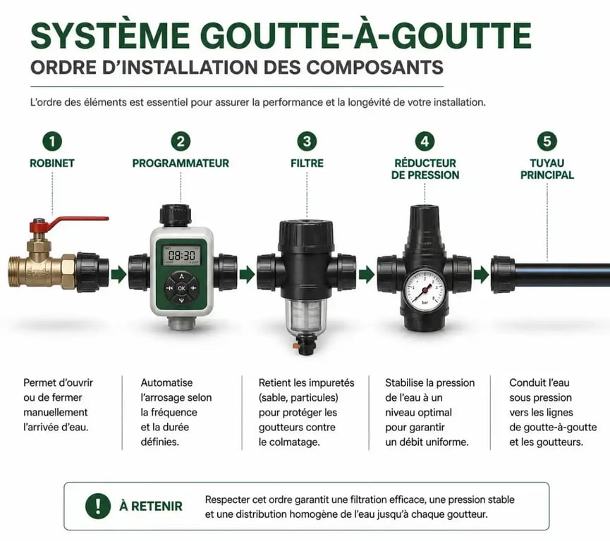 Schéma d'installation d'un système d'arrosage goutte-à-goutte