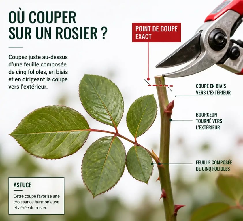 Faut-il couper les roses fanées : point de coupe au-dessus d'une feuille à 5 folioles
