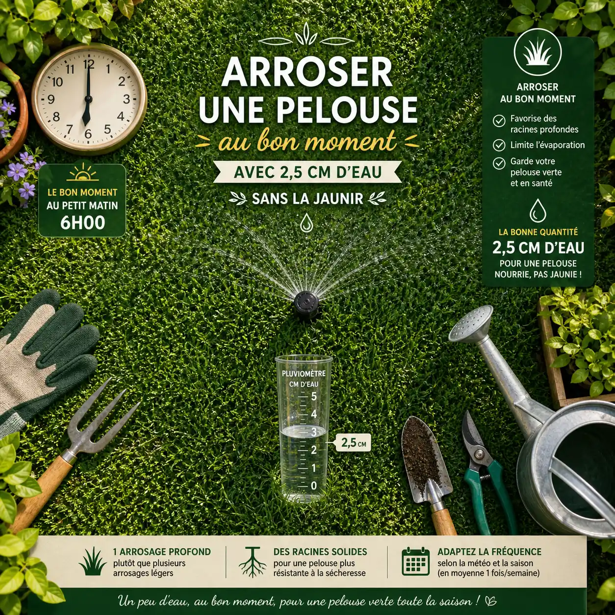Arroser une pelouse au bon moment, avec 2,5 cm d’eau, sans la jaunir
