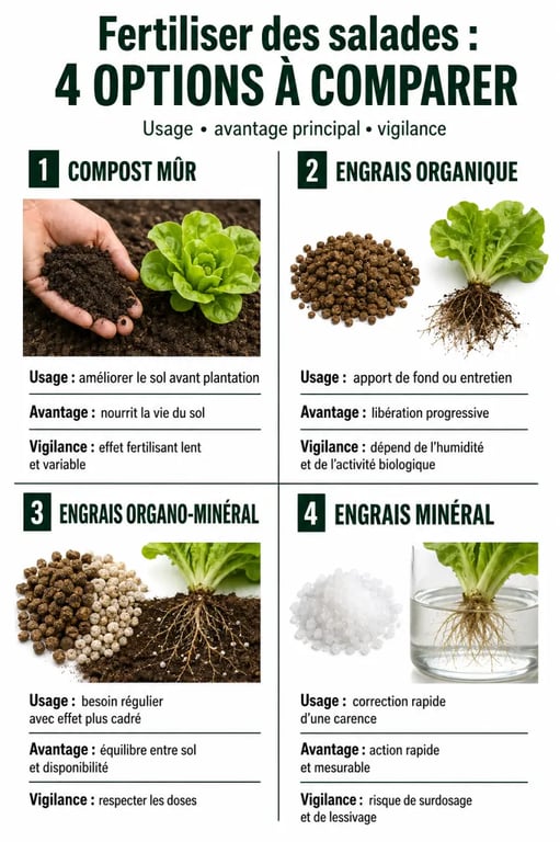 Engrais pour salade : comparaison entre compost, engrais organique, organo-minéral et minéral