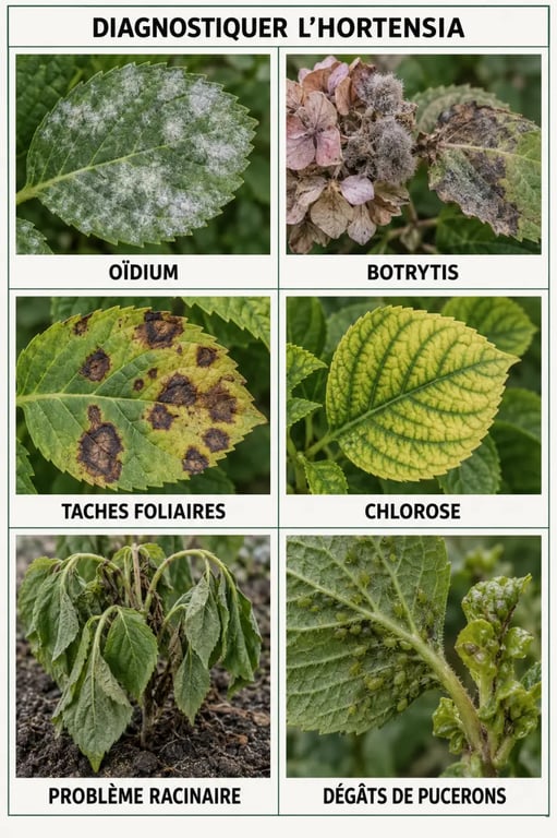 Maladie hortensia : planche visuelle des symptômes d’oïdium, botrytis, chlorose et taches foliaires