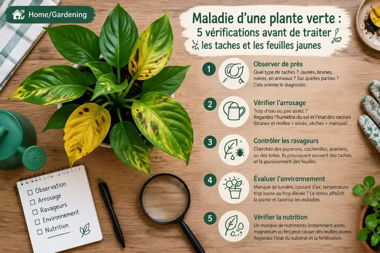 Maladie d’une plante verte : 5 vérifications avant de traiter les taches et les feuilles jaunes