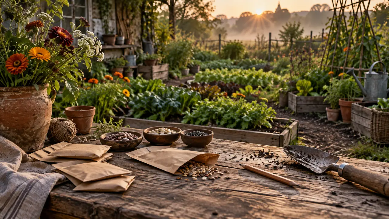 Main couverte de terre tenant une semence ancienne dans la lumière dorée d'un potager