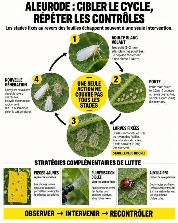 Infographie du cycle de l’aleurode pour comprendre le traitement des mouches blanches