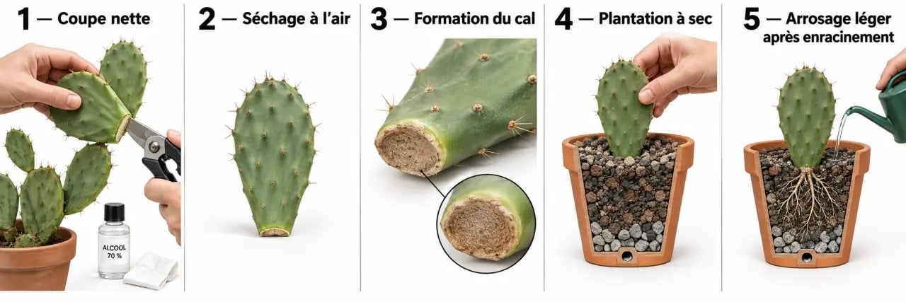 Étapes illustrées du bouturage des cactus, de la coupe à la plantation
