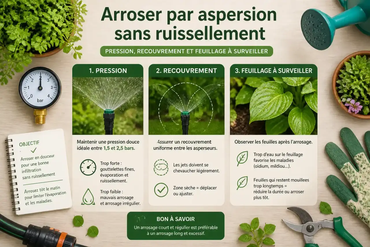 Arroser par aspersion sans ruissellement : pression, recouvrement et feuillage à surveiller