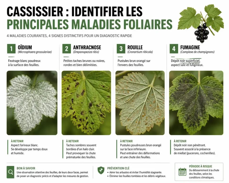 Maladie cassissier : comparaison visuelle des symptômes de l’oïdium, de l’anthracnose, de la rouille et de la fumagine sur feuilles de cassissier