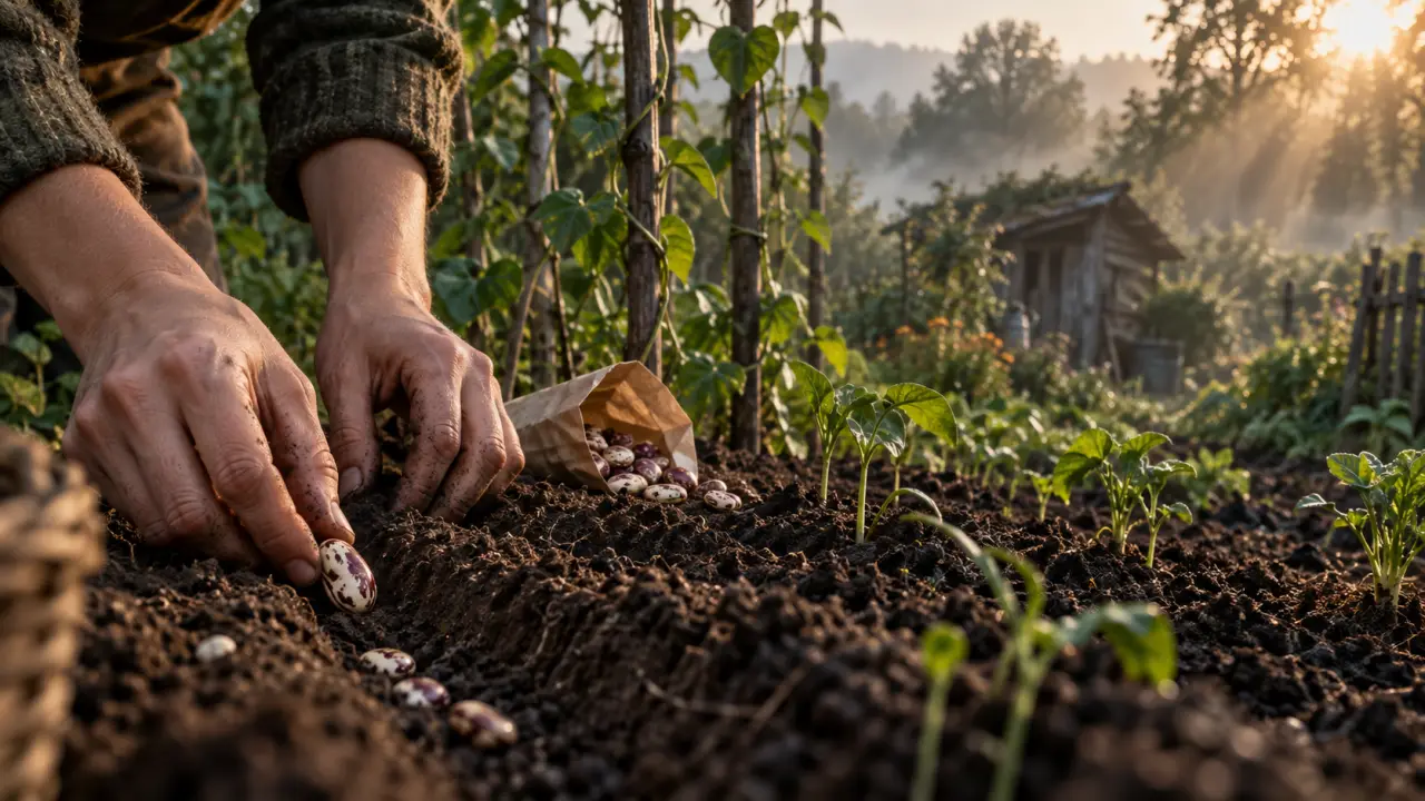 Jeunes plants de haricot ancien grimpant sur des rames au potager