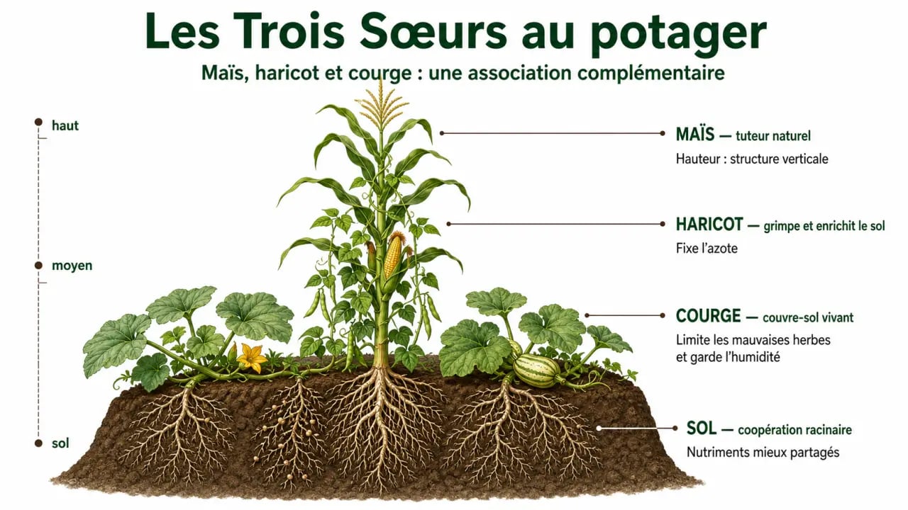 Schéma de l'association potagère des Trois Sœurs : maïs, haricot et courge