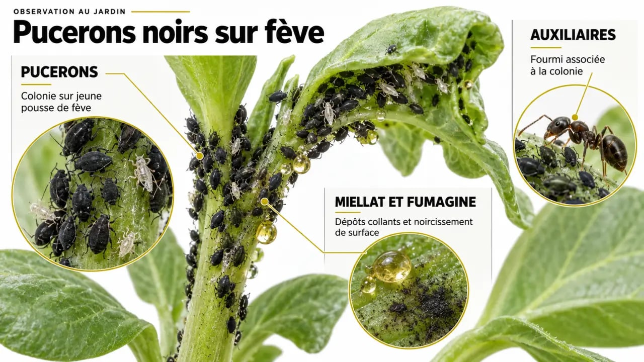 Infographie éditoriale pour identifier les pucerons noirs, le miellat, la fumagine et les auxiliaires sur une fève
