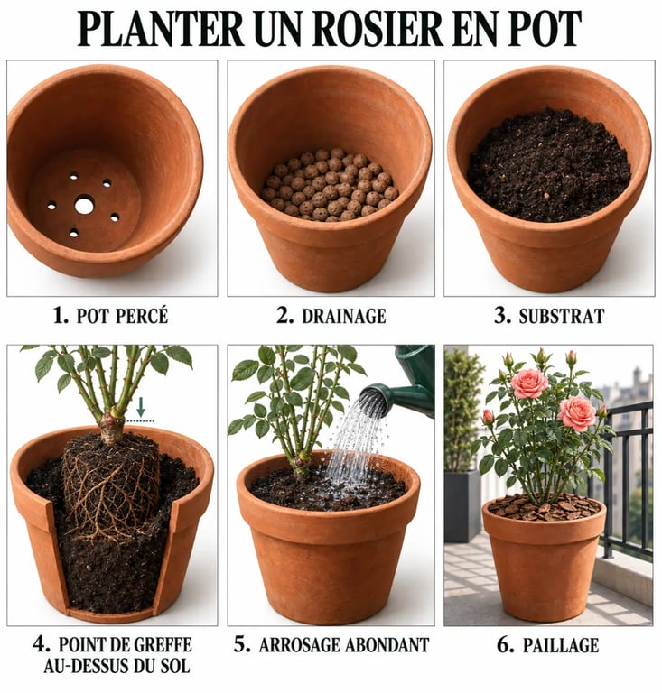 Étapes de plantation d’un rosier dans un pot sur un balcon