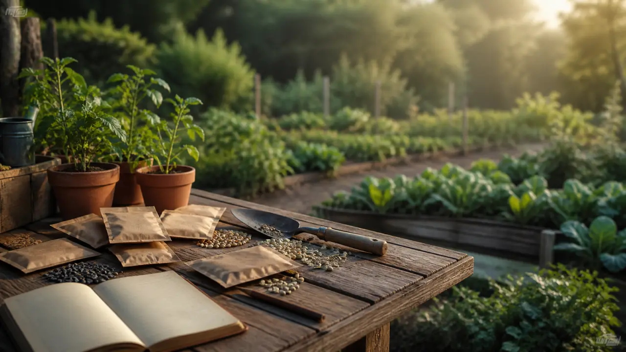 Main couverte de terre tenant une graine ancienne dans la lumière dorée du jardin