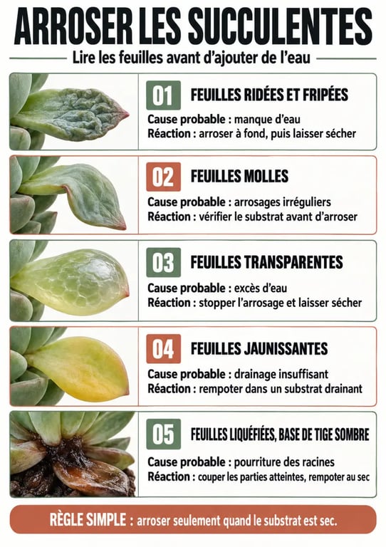 Infographie sur l’arrosage des succulentes et les signes de manque ou d’excès d’eau