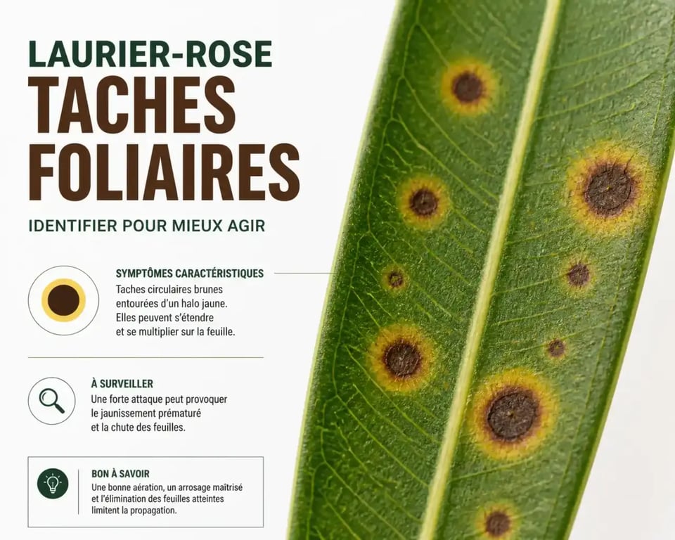 Maladie des lauriers roses photos : symptômes de la cercosporiose sur feuille.