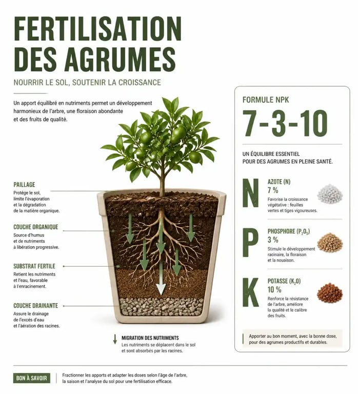 Schéma engrais pour agrume montrant la migration des nutriments dans le substrat en pot
