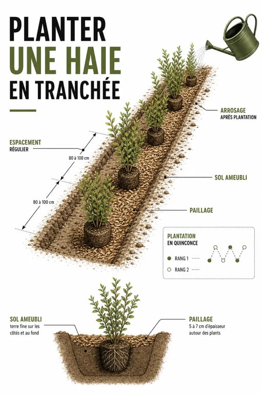 Plantation d’une haie de jardin avec espacement et paillage