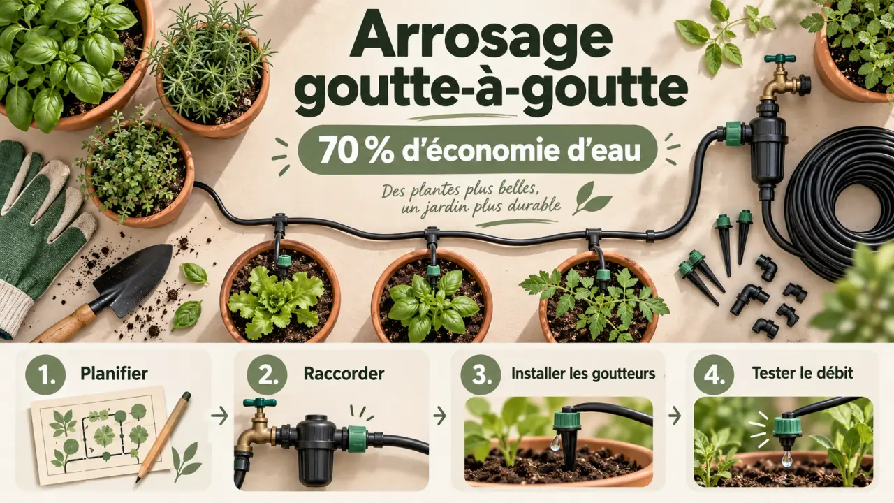 Arrosage goutte-à-goutte : 70 % d'économie d'eau et 4 étapes pour une installation maîtrisée