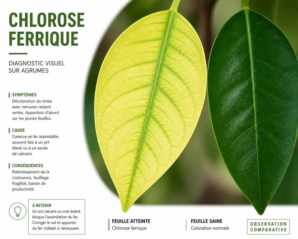 Carence en engrais pour agrume : feuille jaunie par chlorose ferrique comparée à une feuille saine