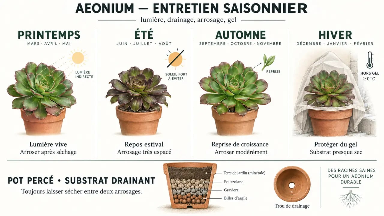 Infographie sur l’entretien saisonnier de l’Aeonium en pot