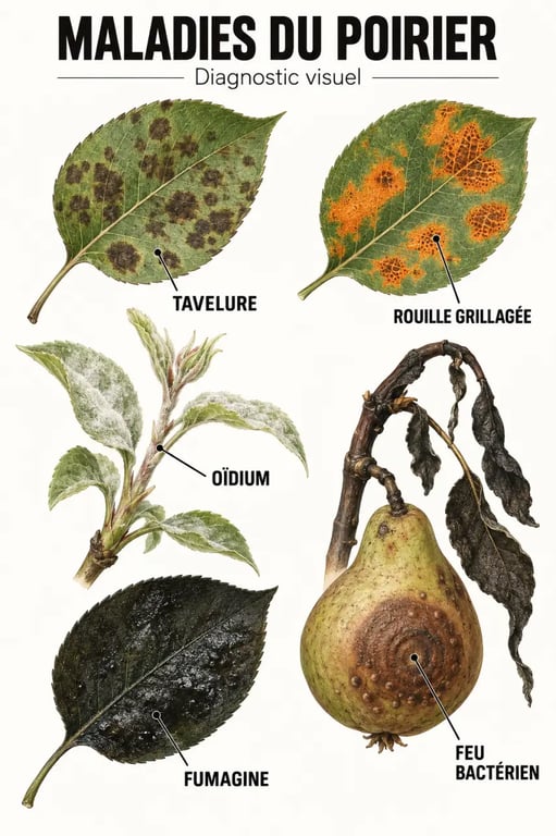 Maladies du poirier : symptômes de la tavelure, rouille, fumagine, oïdium et feu bactérien