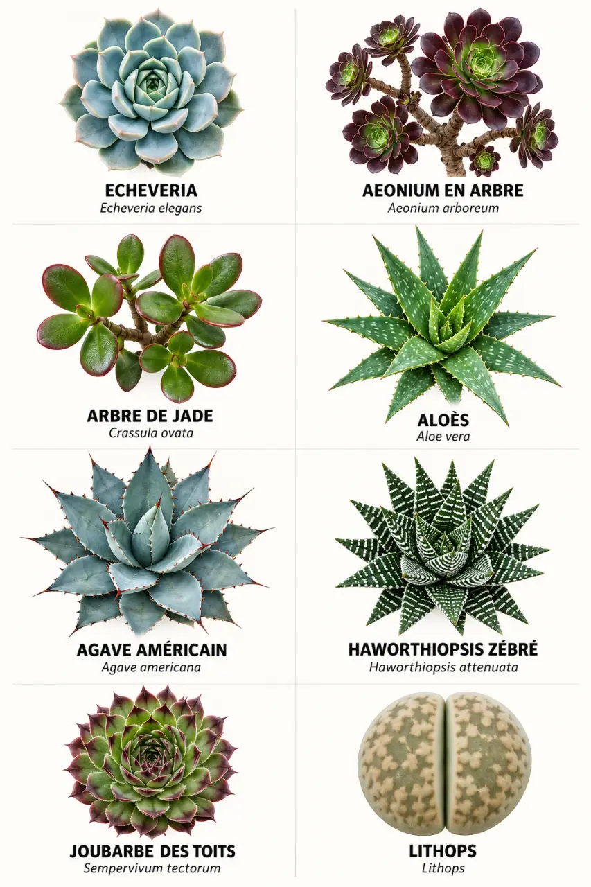 Plantes grasses photos et noms : planche d’identification de huit succulentes courantes