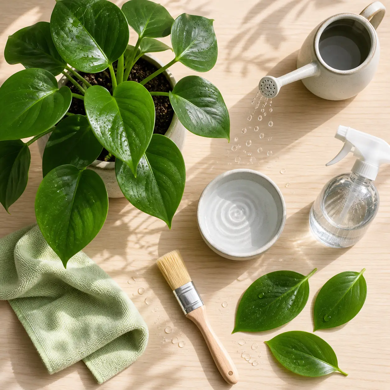 Nettoyage des feuilles d’une plante verte : eau, pinceau ou douche selon le feuillage