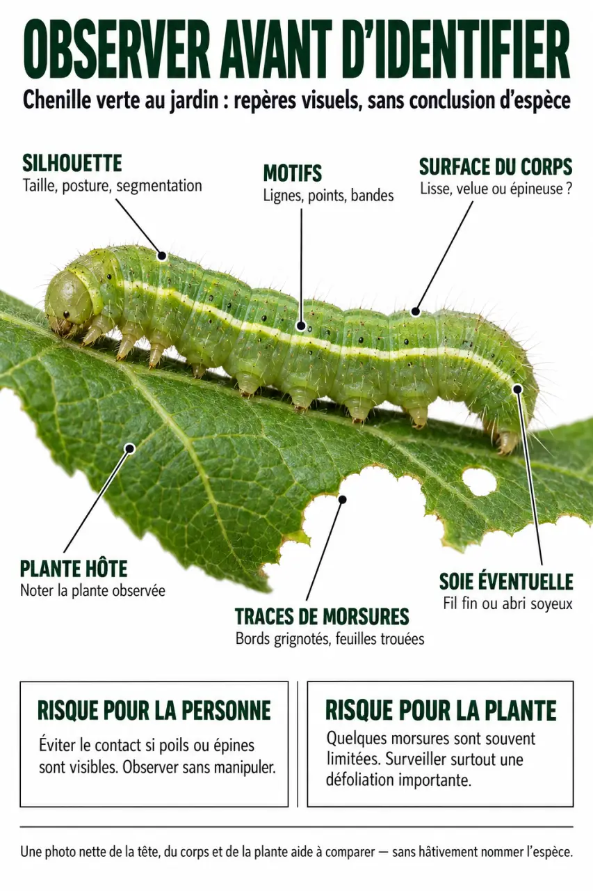 Infographie pour reconnaître une chenille verte selon son apparence, sa plante hôte et les dégâts observés