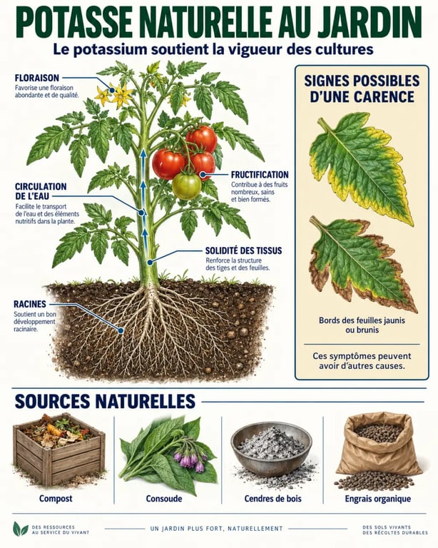 Infographie sur la potasse naturelle, le rôle du potassium et les symptômes de carence des plantes