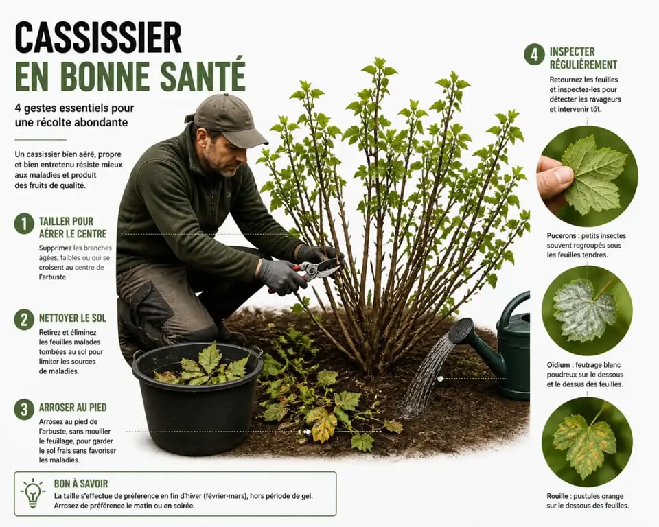 Maladie cassissier : gestes de prévention avec taille aérée, arrosage au pied et inspection sous les feuilles