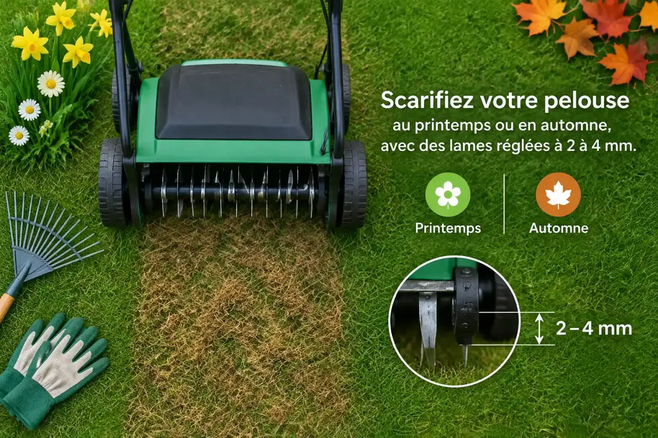 Scarifiez votre pelouse au printemps ou en automne, avec des lames réglées à 2 à 4 mm