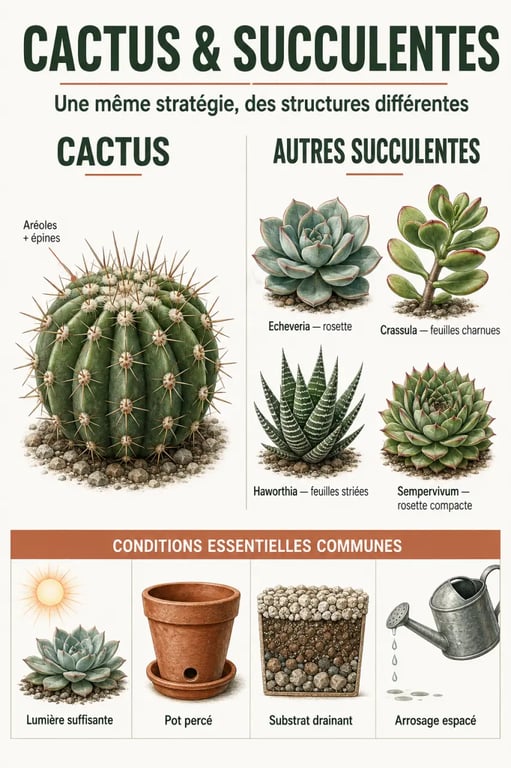 Plantes grasses : différence entre cactus et succulentes et leurs besoins essentiels