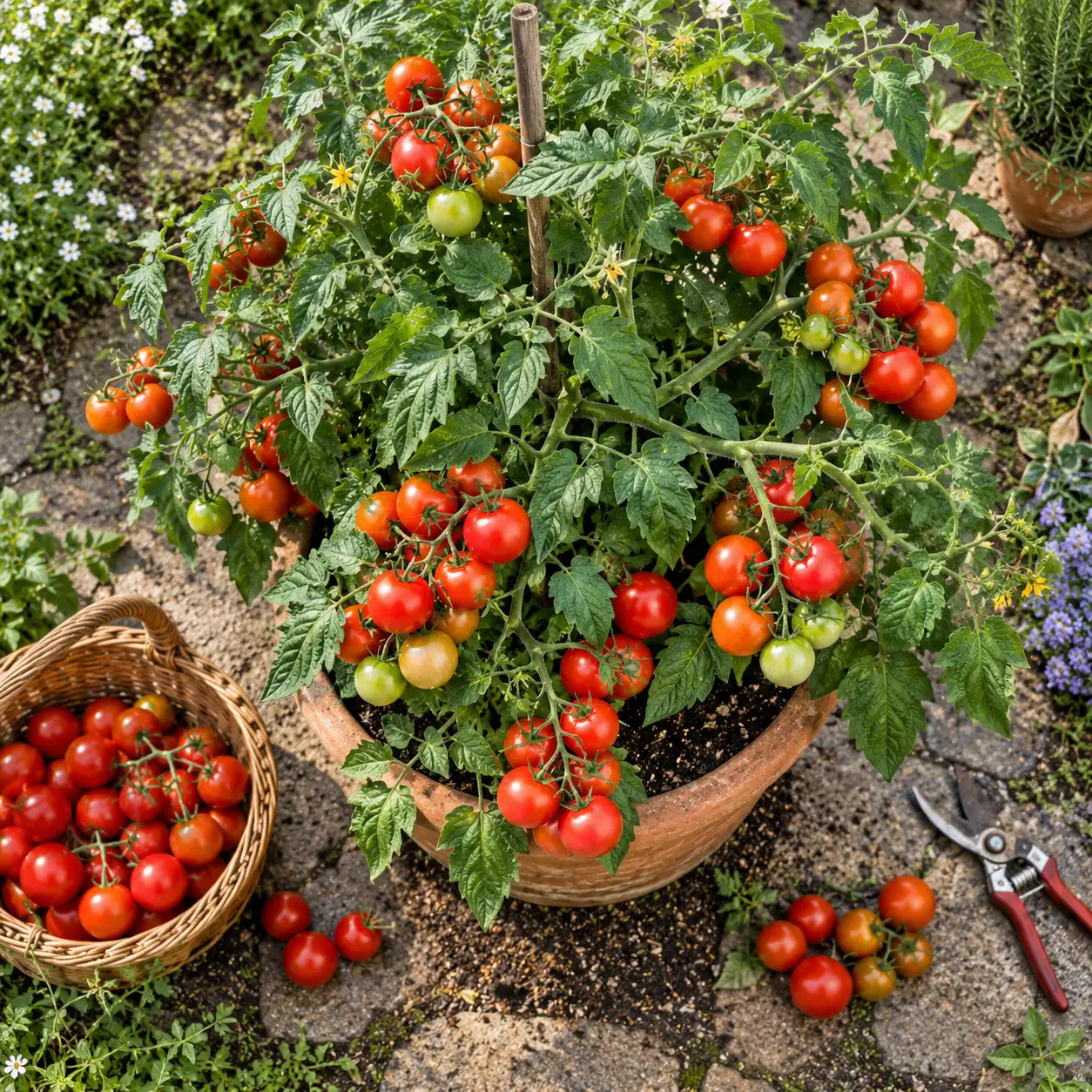Un pied de tomate productif, avec une récolte généreuse et un feuillage sain