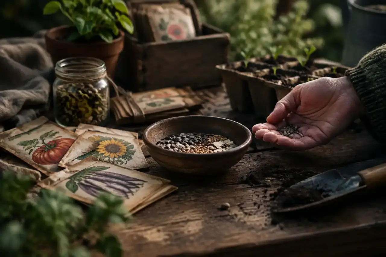 Main tenant une graine ancienne au-dessus d'une terre riche et sombre