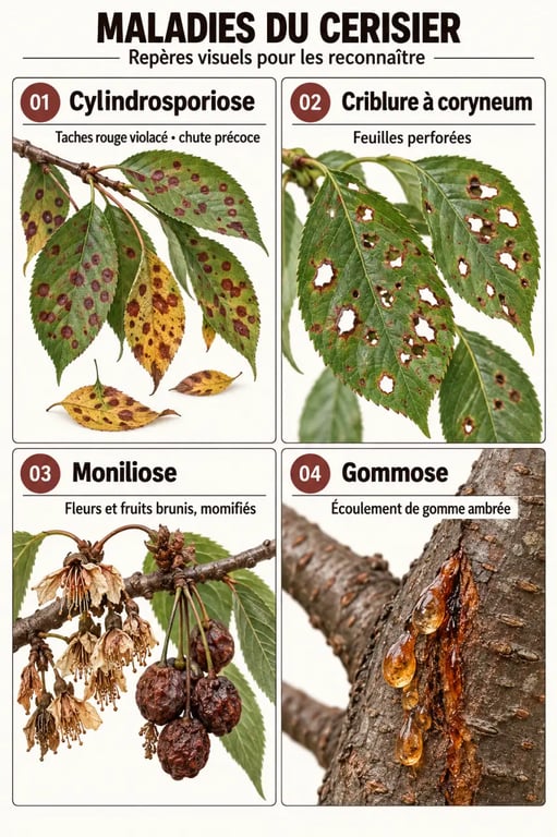 Infographie des symptômes de maladie du cerisier : taches, feuilles perforées, fruits momifiés et gomme