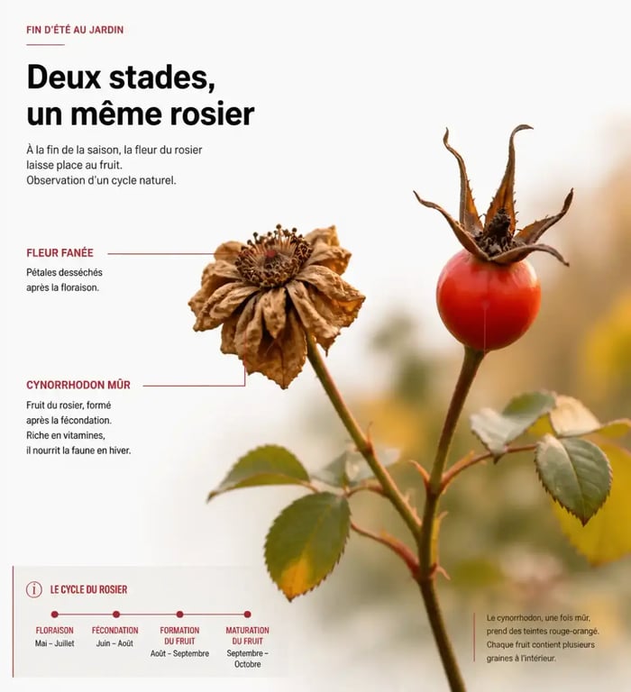 Cynorrhodon et rose fanée sur un rosier non-remontant à l'automne