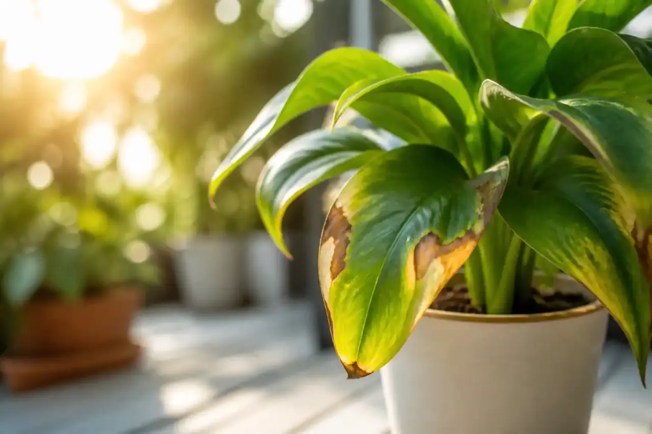 Jeunes feuilles de plantes montrant des signes de brûlures dues au soleil