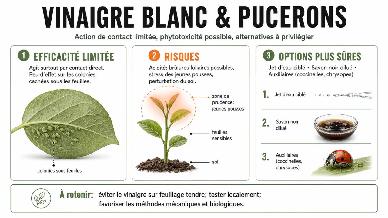 Infographie sur le vinaigre blanc contre les pucerons : efficacité, risques et alternatives