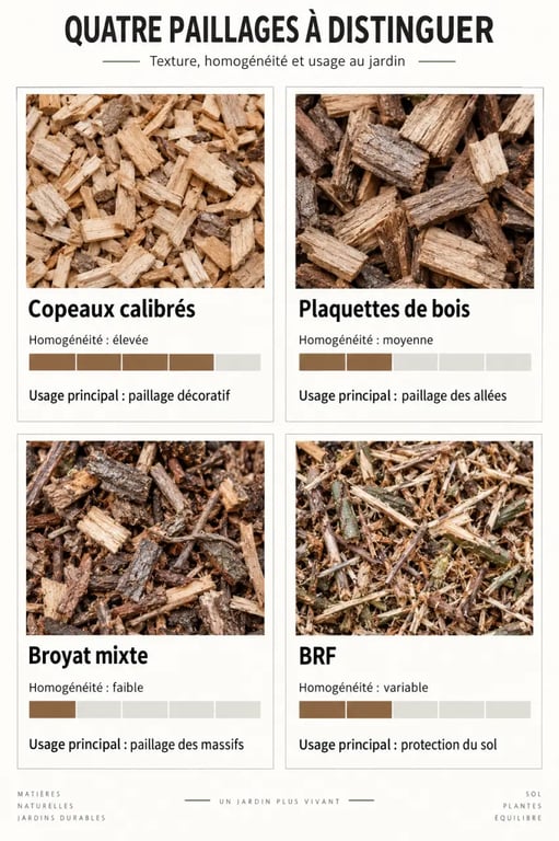 Jardin copeaux de bois : comparaison visuelle entre copeaux calibrés, plaquettes, broyat mixte et BRF
