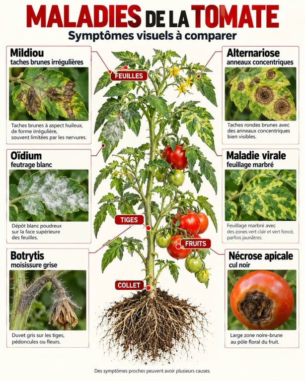 Infographie sur les maladies sur les tomates et leurs symptômes sur les feuilles et les fruits