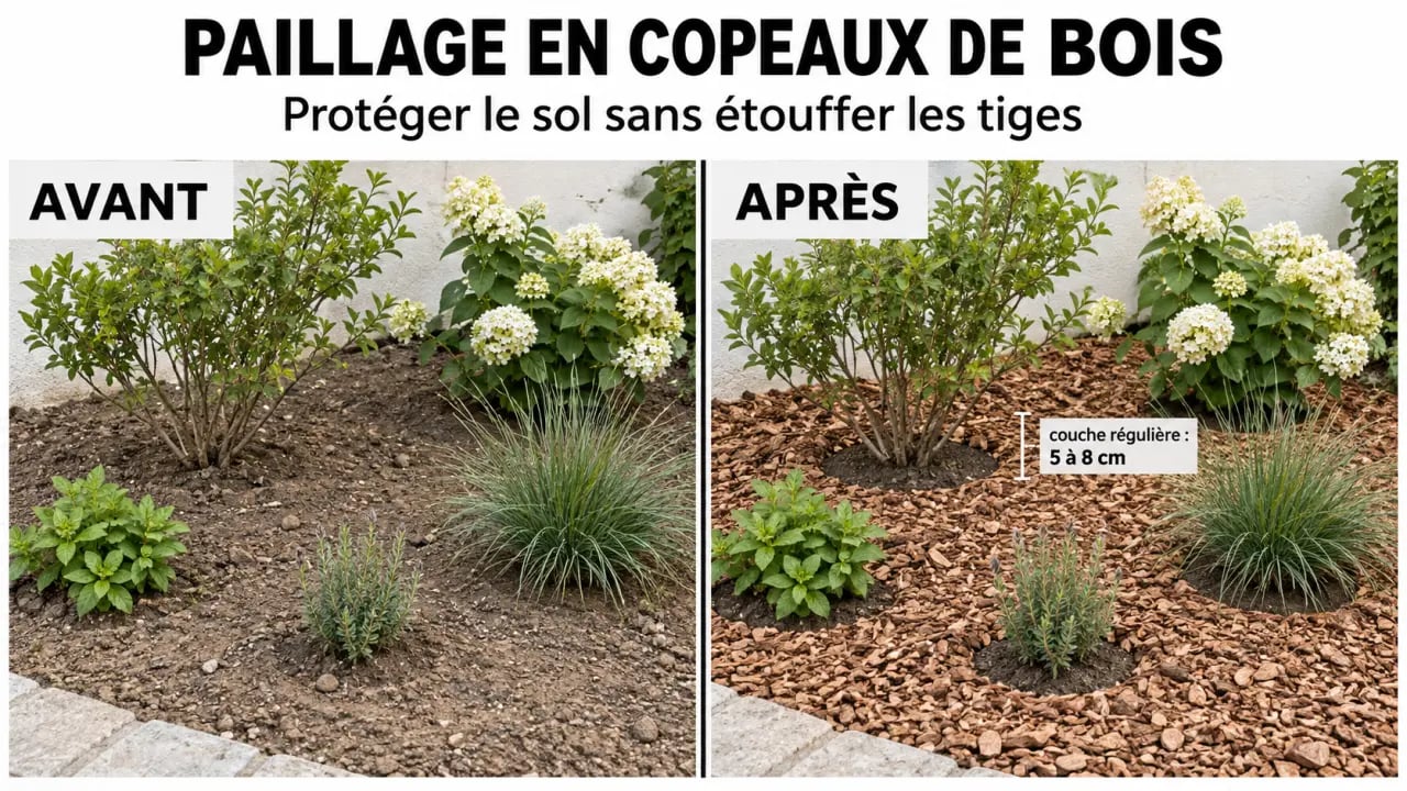 Jardin copeaux de bois avant après autour des arbustes avec une couche régulière