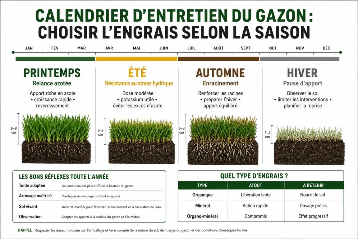 Engrais sur gazon : calendrier saisonnier et comparaison des types d’engrais