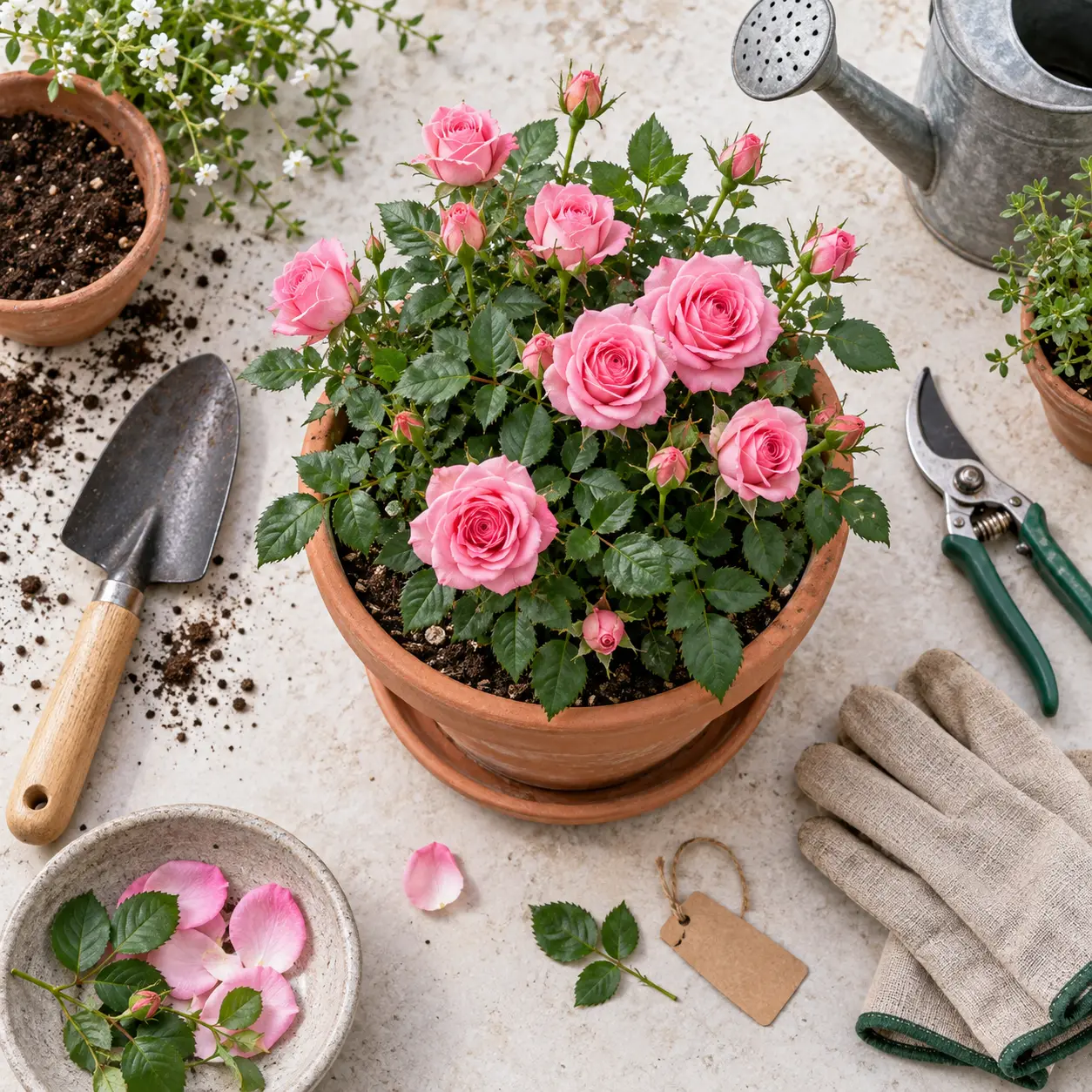 Un rosier en pot fleurit bien avec un contenant adapté