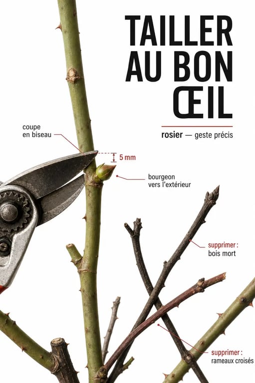 Comment tailler les rosiers : schéma des coupes au-dessus d’un bourgeon extérieur et des branches à supprimer