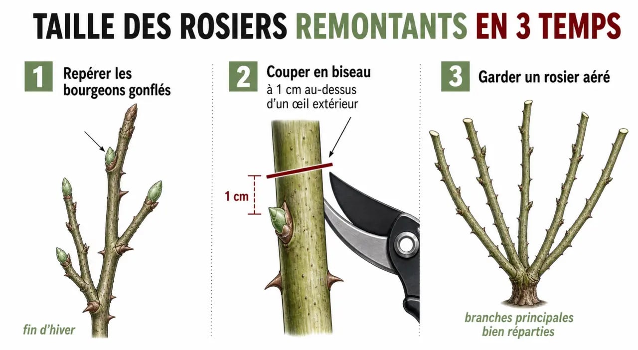 Taille des rosiers remontants : schéma de la coupe au-dessus d’un œil extérieur
