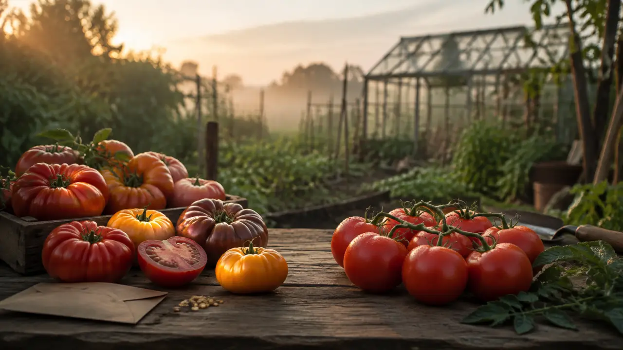 Tomates anciennes et hybrides mûrissant sur des plants au potager