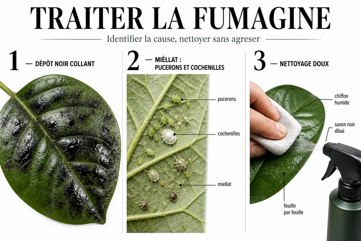 Fumagine traitement sur une feuille noire avec miellat, insectes responsables et nettoyage doux