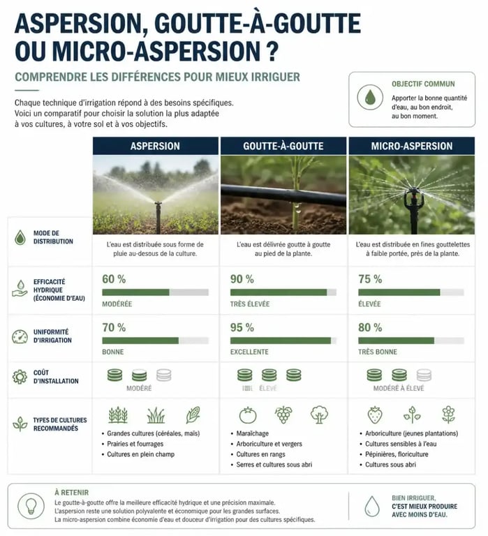 Comparatif des systèmes d'irrigation : aspersion, goutte-à-goutte et micro-aspersion