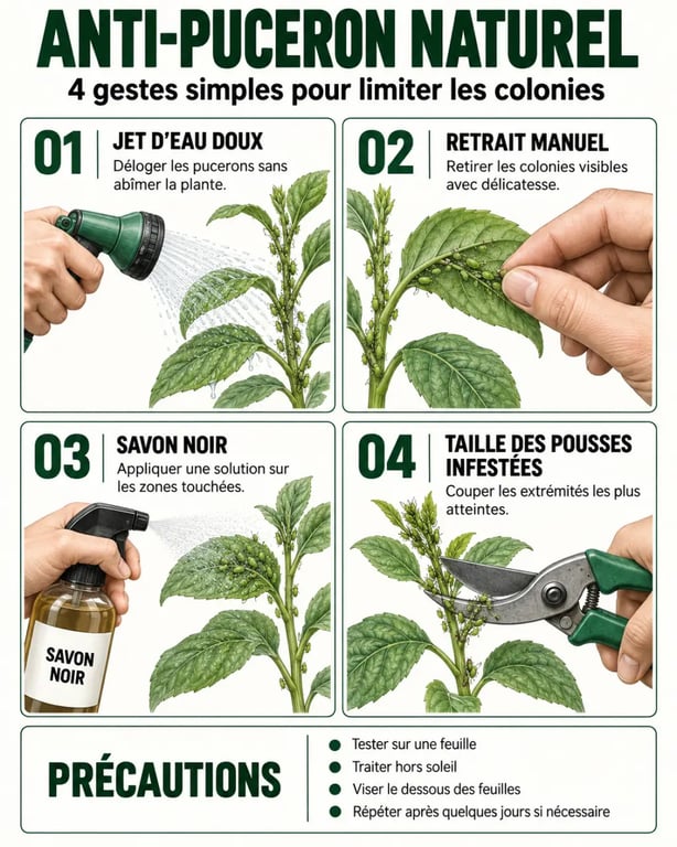 Infographie sur les méthodes d’anti-puceron naturel et les précautions d’application